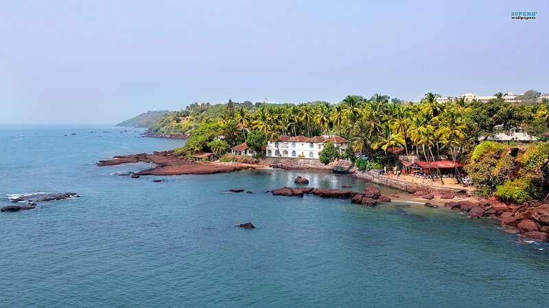 Coastal Village with Palm Trees — Blue, Serene