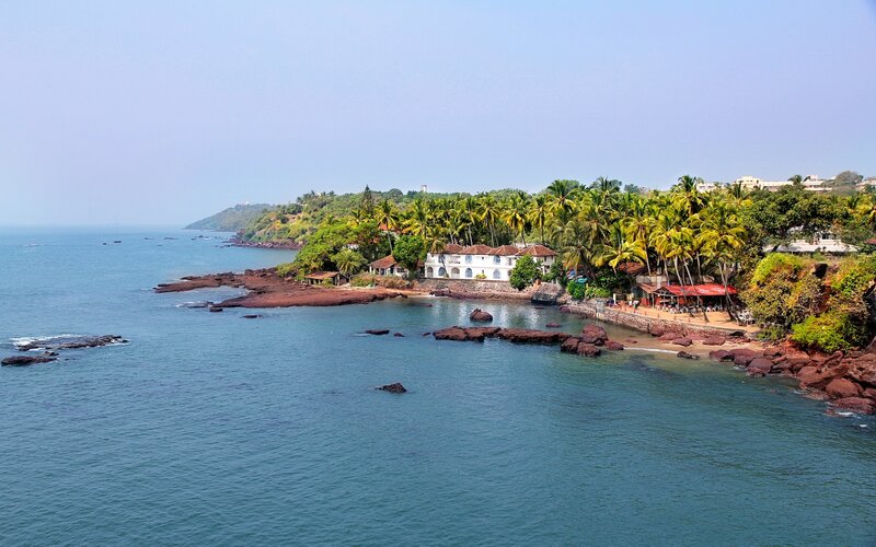 Coastal Village with Palm Trees — Blue