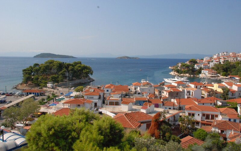 coastal village with red roofs
