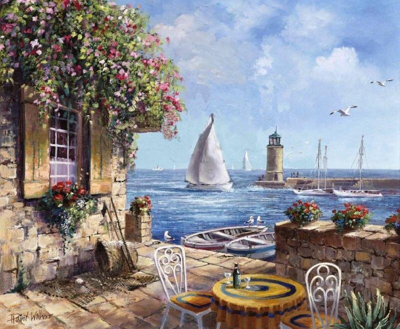Coastal village with sailboats