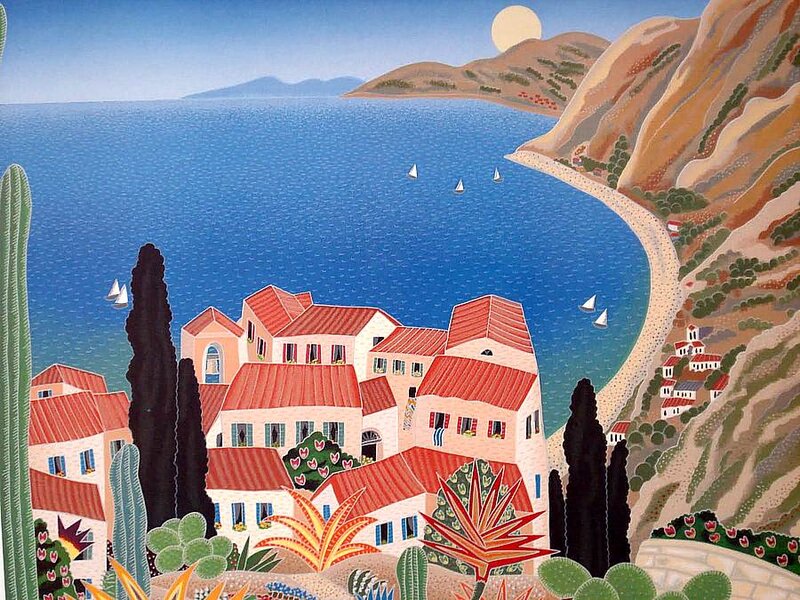Coastal Village with Sailboats — Blue