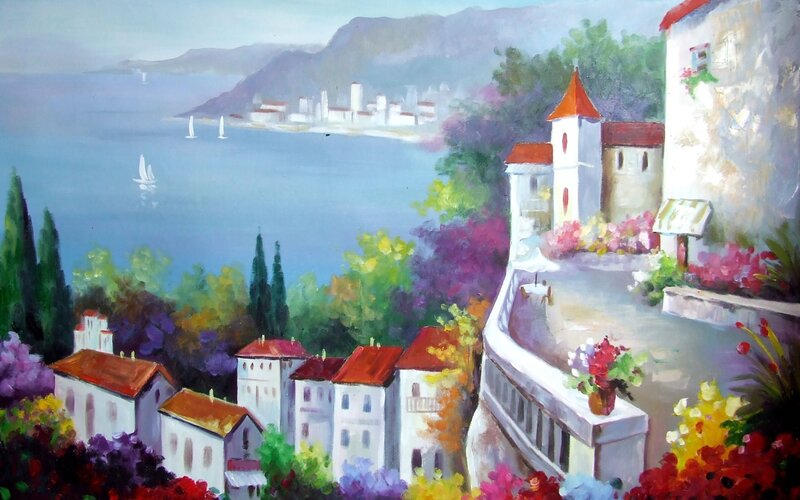 Coastal village with sailboats