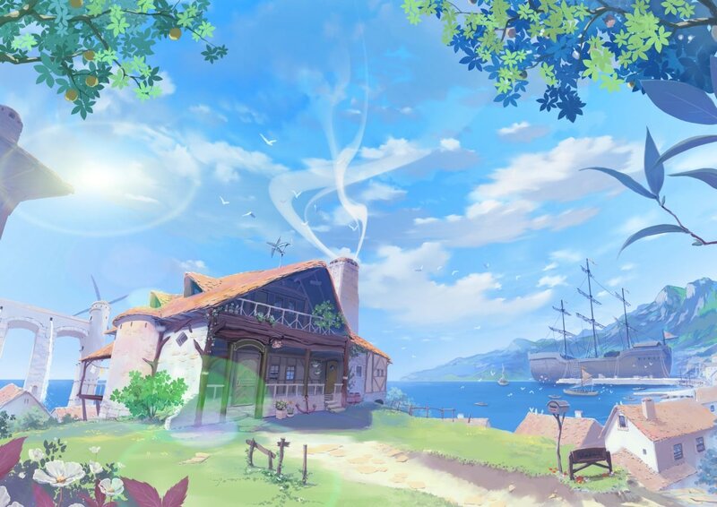 Coastal village with sailing ship