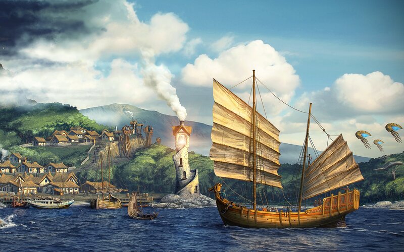 coastal village with sailing ships
