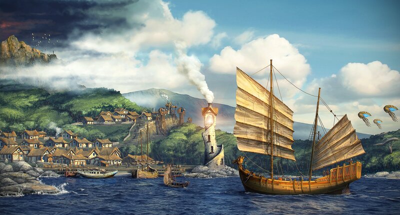 coastal village with sailing ships