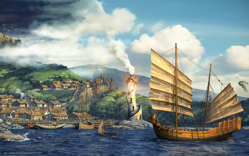 Coastal village with sailing ships