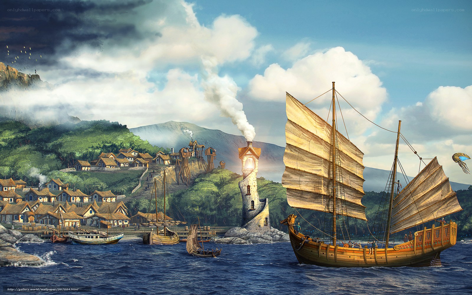 Coastal village with sailing ships