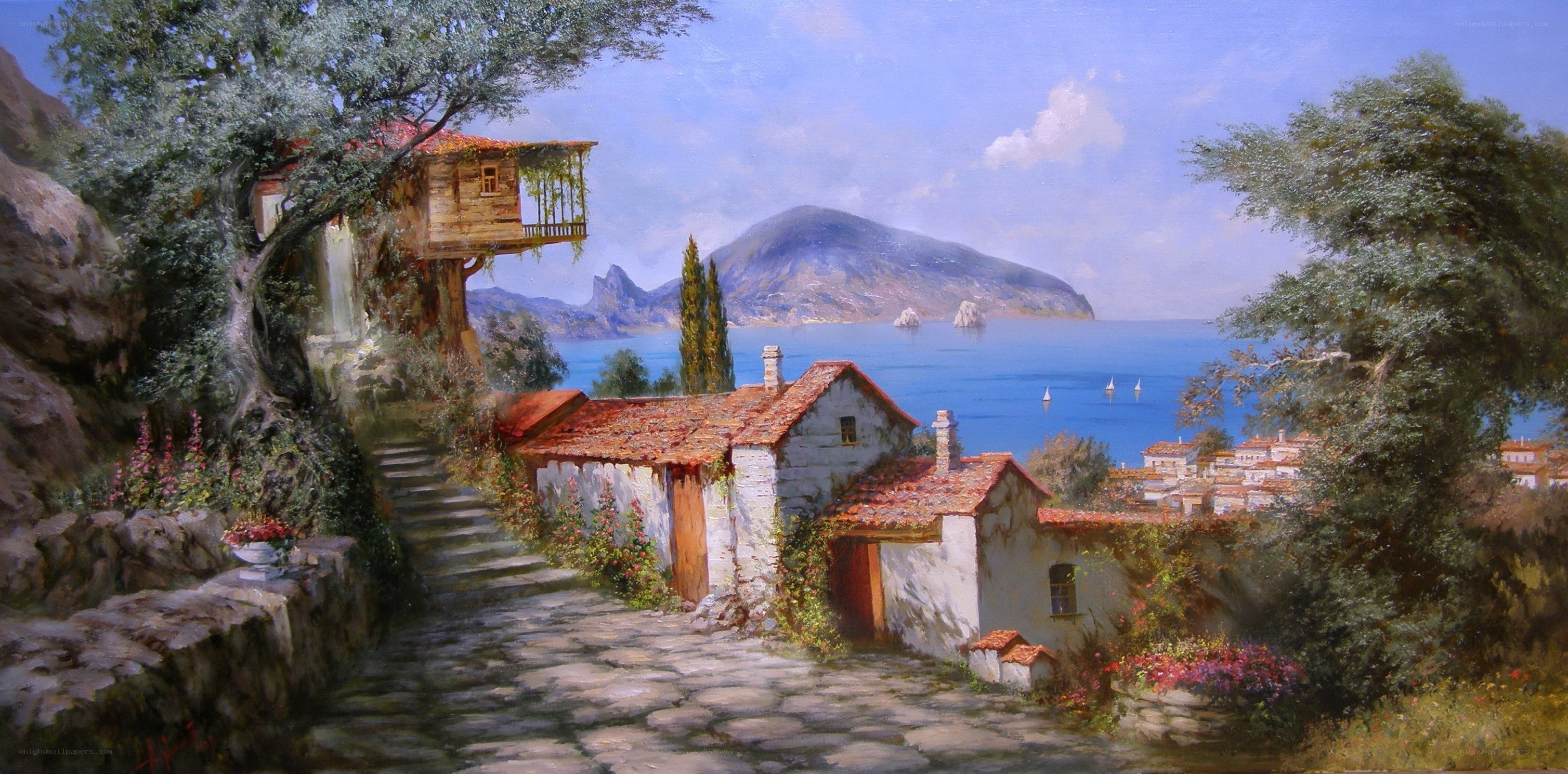 Coastal village with treehouse