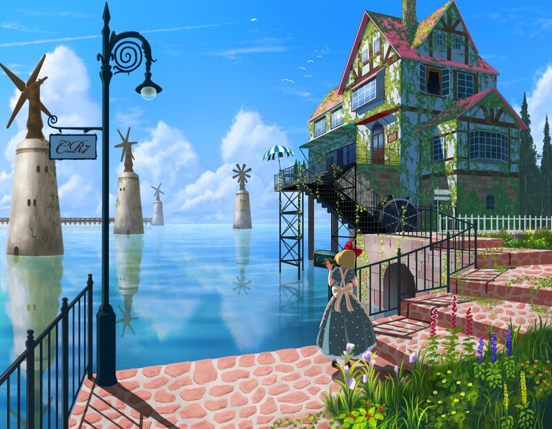 coastal village with windmills