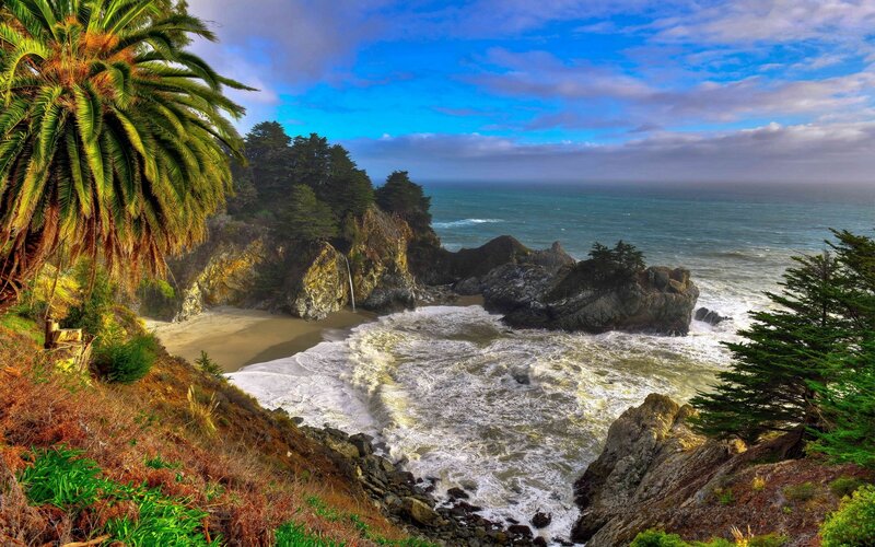 Coastal Waterfall and Beach — Blue