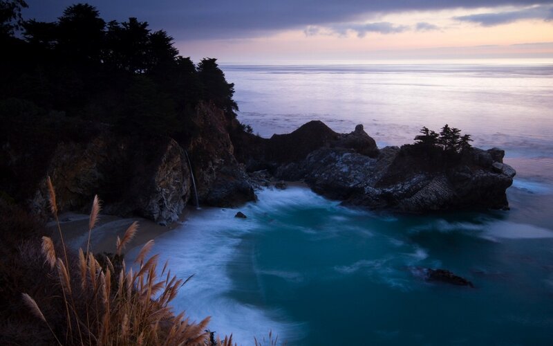 Coastal Waterfall at Dusk — Blue