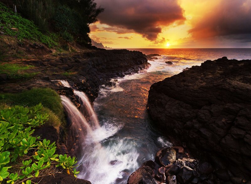 Coastal Waterfall at Sunset — Orange, Dramatic