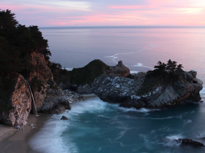 Coastal Waterfall at Sunset — Pink