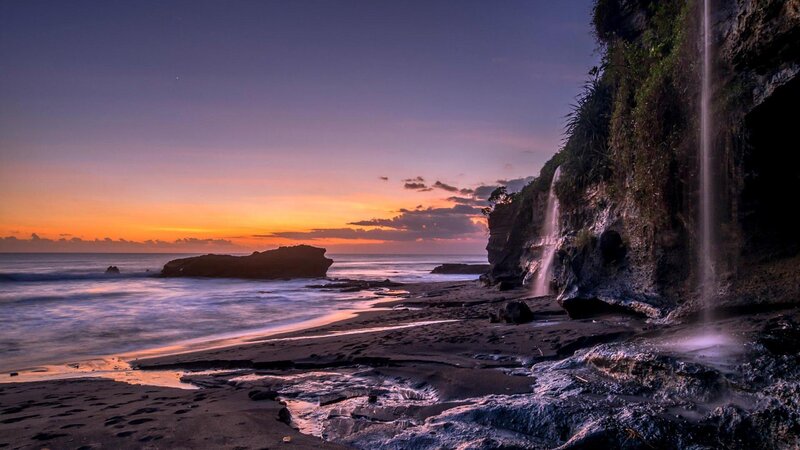 Coastal Waterfall at Sunset — Purple, Serene