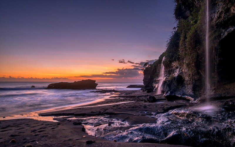 Coastal Waterfall at Sunset — Purple