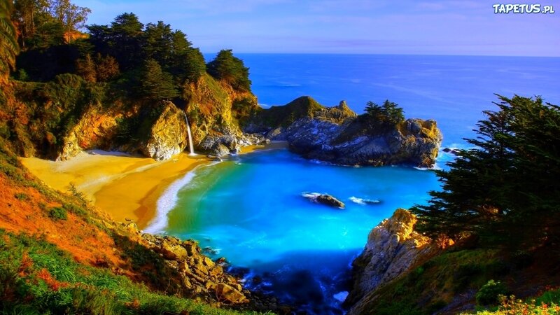 Coastal Waterfall Cove — Blue, Serene