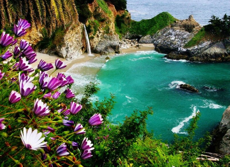 Coastal Waterfall Cove — Green, Serene, Afternoon