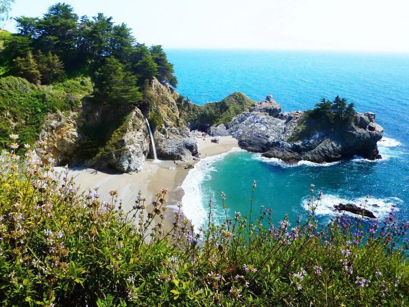 Coastal Waterfall into Cove — Blue, Serene