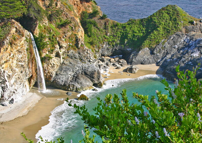 Coastal Waterfall into Cove — Green