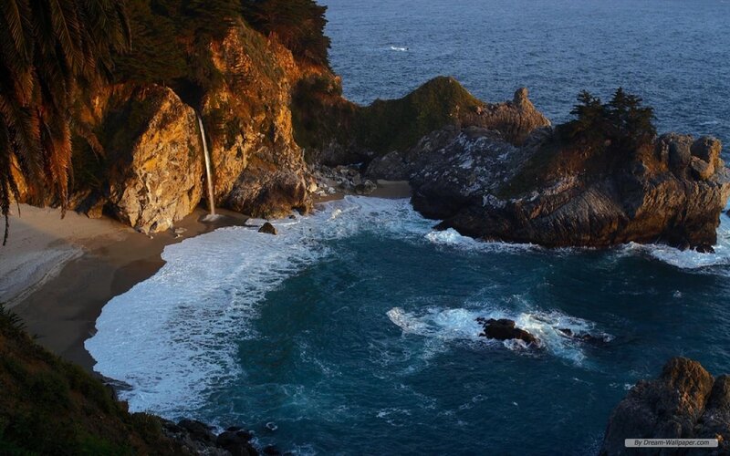 Coastal Waterfall into Ocean — Blue, Dramatic