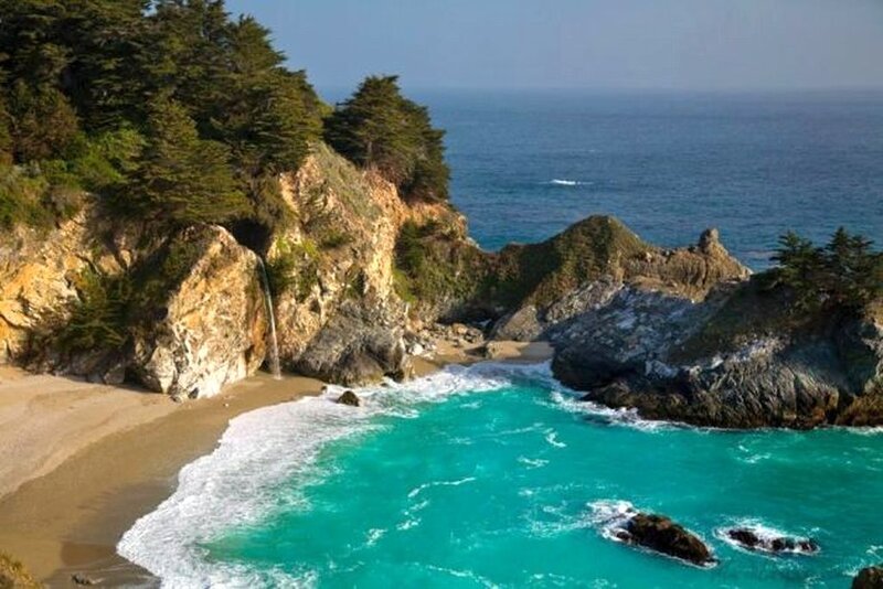 Coastal Waterfall into Ocean — Blue