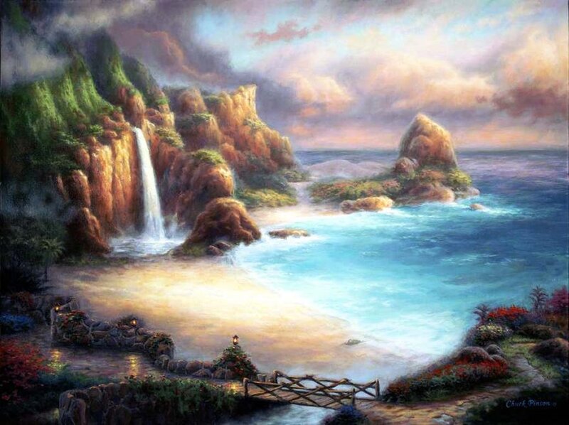 Coastal Waterfall Landscape — Blue, Serene, Sunset