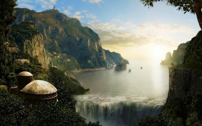 Coastal Waterfall Landscape — Blue, Serene
