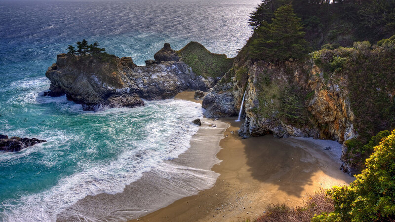 Coastal Waterfall on Beach — Blue, Serene