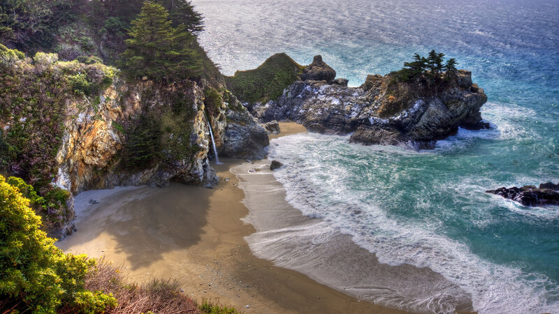 Coastal Waterfall on Beach — Blue