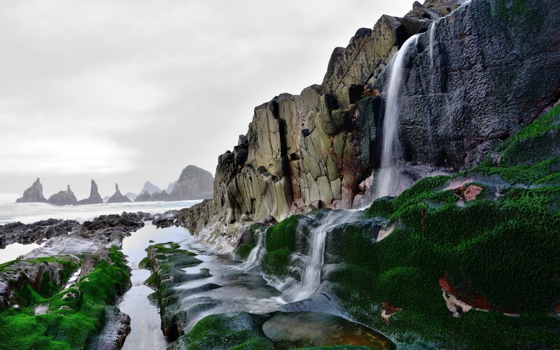 Coastal Waterfall on Rocks — Green