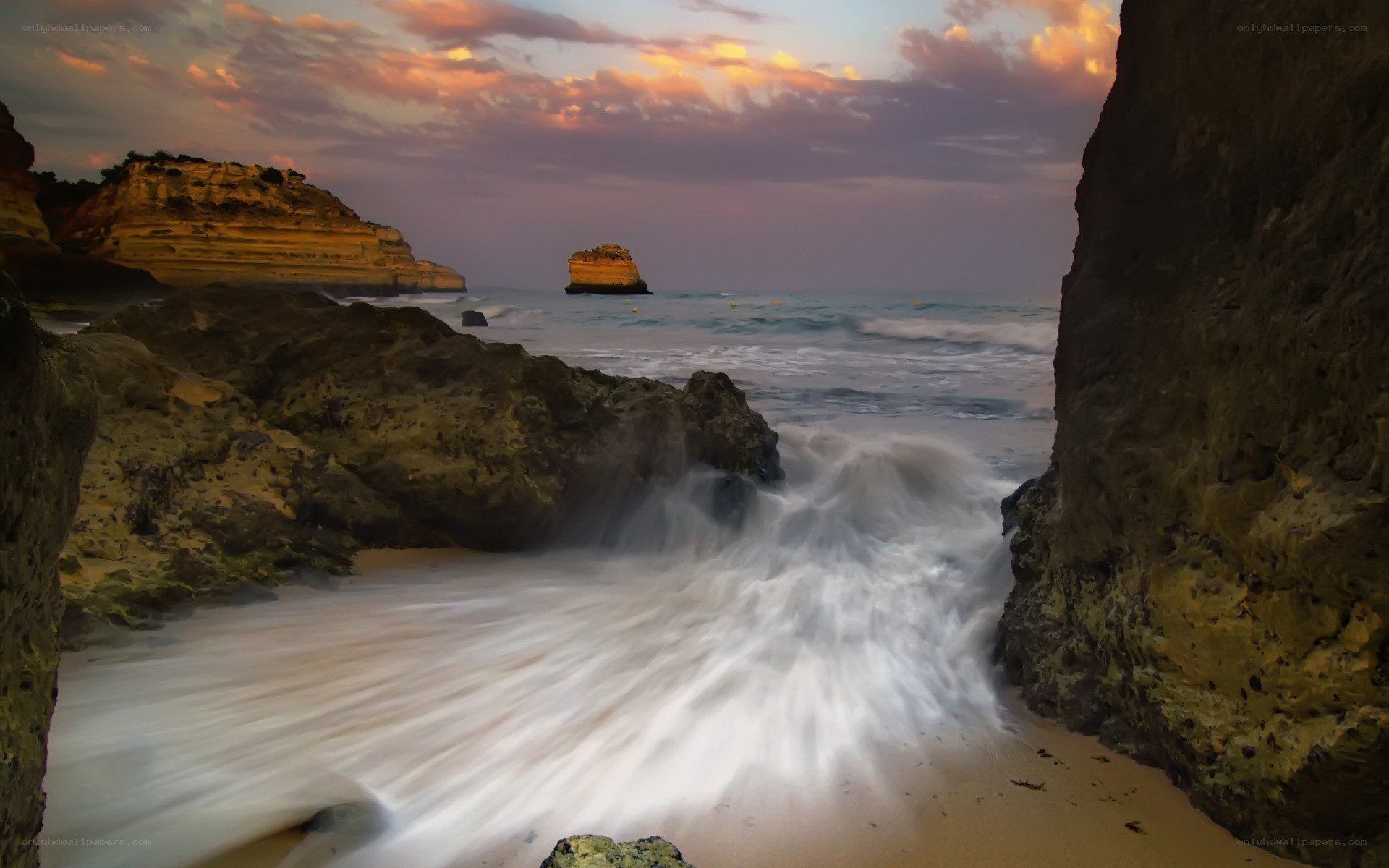 coastal waves at sunset
