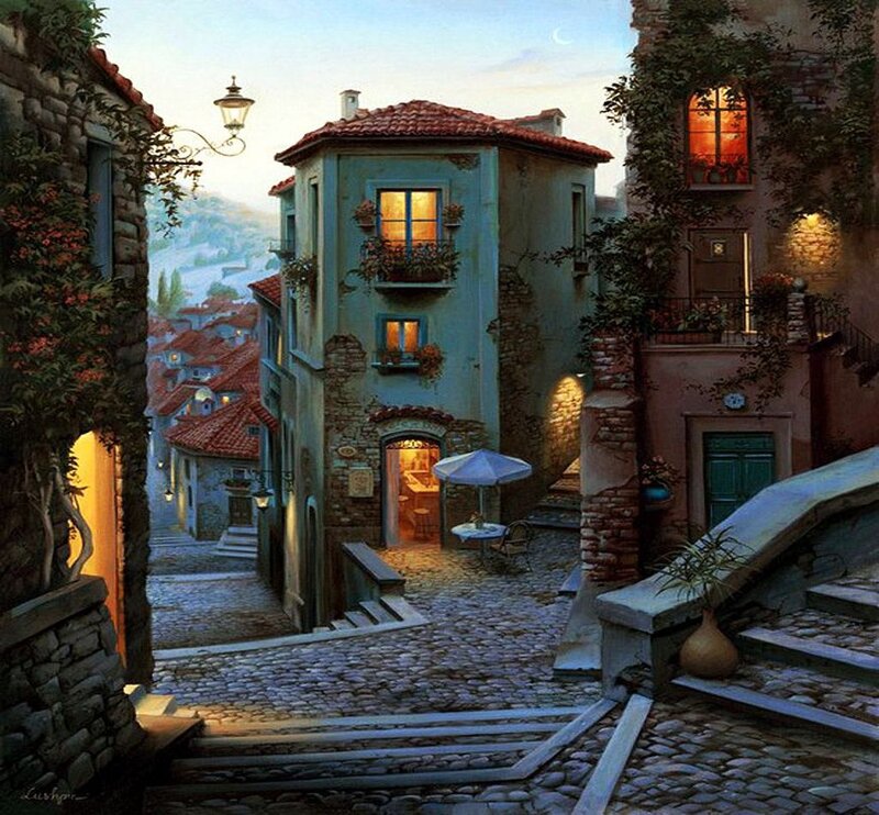 Cobblestone Alley at Dusk — Blue, Serene