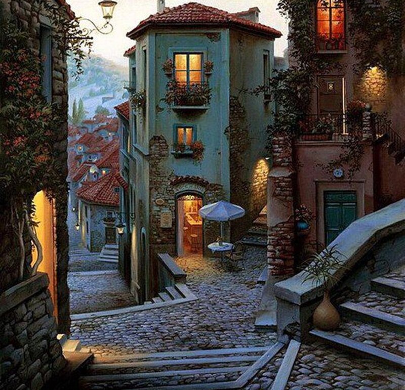 Cobblestone Alley at Dusk — Blue