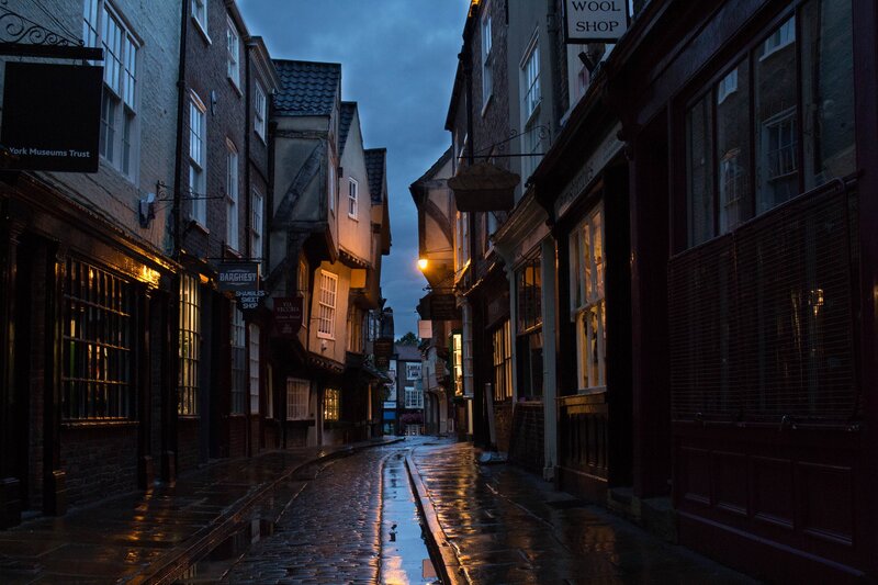 Cobblestone Alley at Dusk — Dark Blue