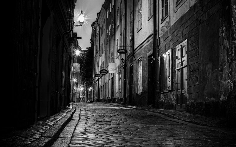 Cobblestone Alley at Night — Black, Dark