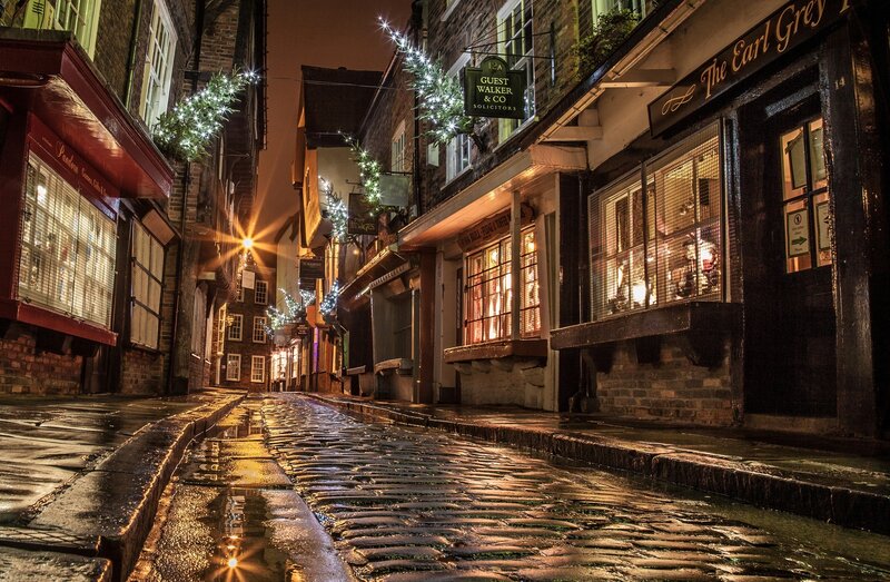 Cobblestone Alley at Night — Brown