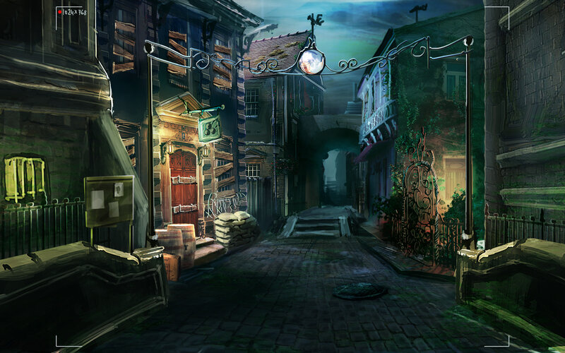 Cobblestone Alley at Night — Green, Dark