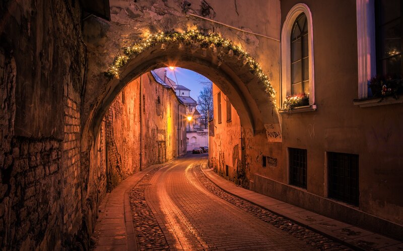 Cobblestone Alley at Night — Orange, Dramatic, Photograph