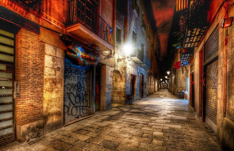 Cobblestone Alley at Night — Orange, Dramatic