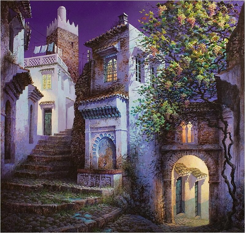 Cobblestone Alley at Night — Purple