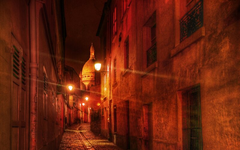 Cobblestone Alley at Night — Red, Dramatic