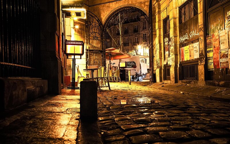 Cobblestone Alley at Night — Yellow, Dark