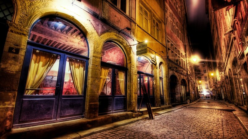 Cobblestone Alley at Night — Yellow, Dramatic, Photograph