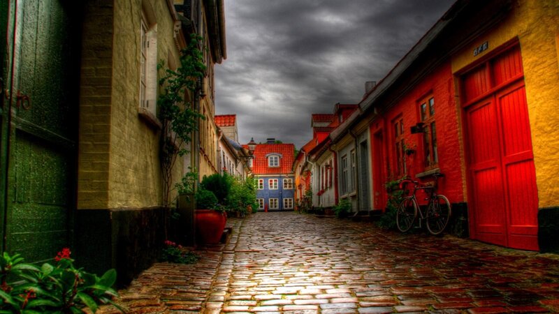 Cobblestone Alley with Buildings — Red, Dramatic