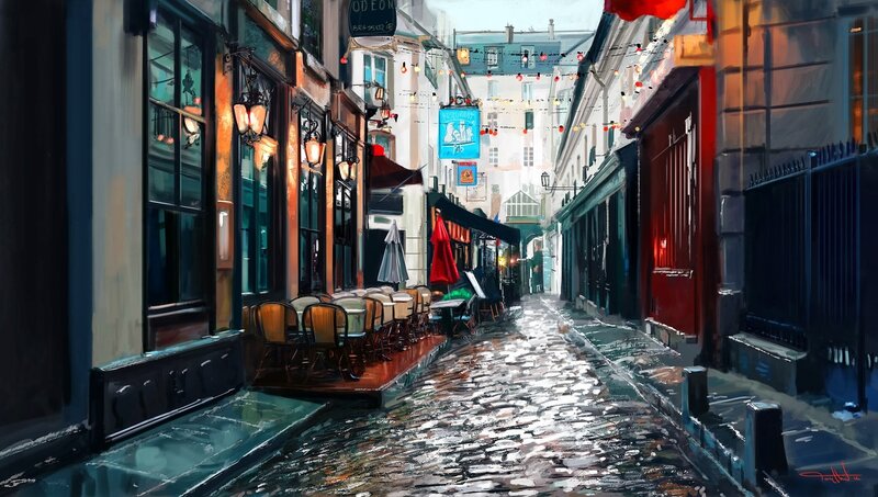Cobblestone Alley with Cafe