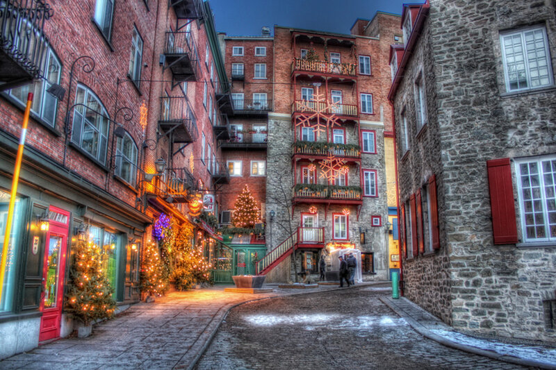 Cobblestone Alley with Christmas Lights