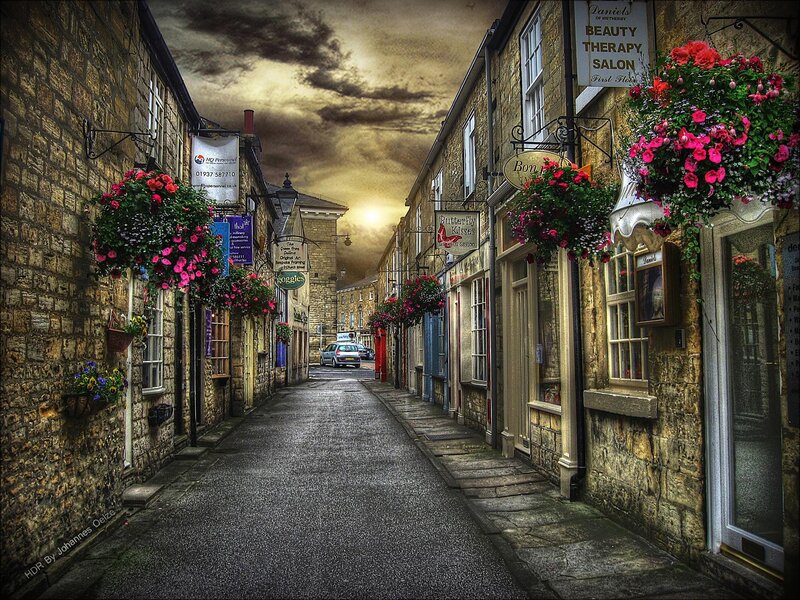 Cobblestone Alley with Flowers — Brown, Dramatic, Sunset
