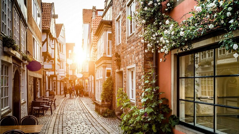 Cobblestone Alley with Flowers — Brown, Serene, Sunset