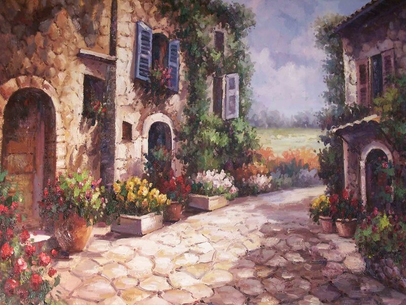 Cobblestone Alley with Flowers — Brown
