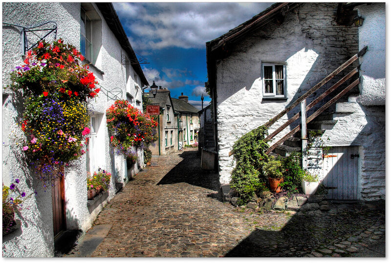 Cobblestone Alley with Flowers — White